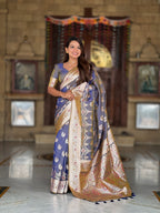 Vedant Vastram Soft Litchi Silk Banarasi Silk Jacquard Saree - Grey | Grocsy
