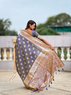 Vedant Vastram Soft Litchi Silk Banarasi Silk Jacquard Saree - Grey | Grocsy
