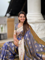 Vedant Vastram Soft Litchi Silk Banarasi Silk Jacquard Saree - Grey | Grocsy