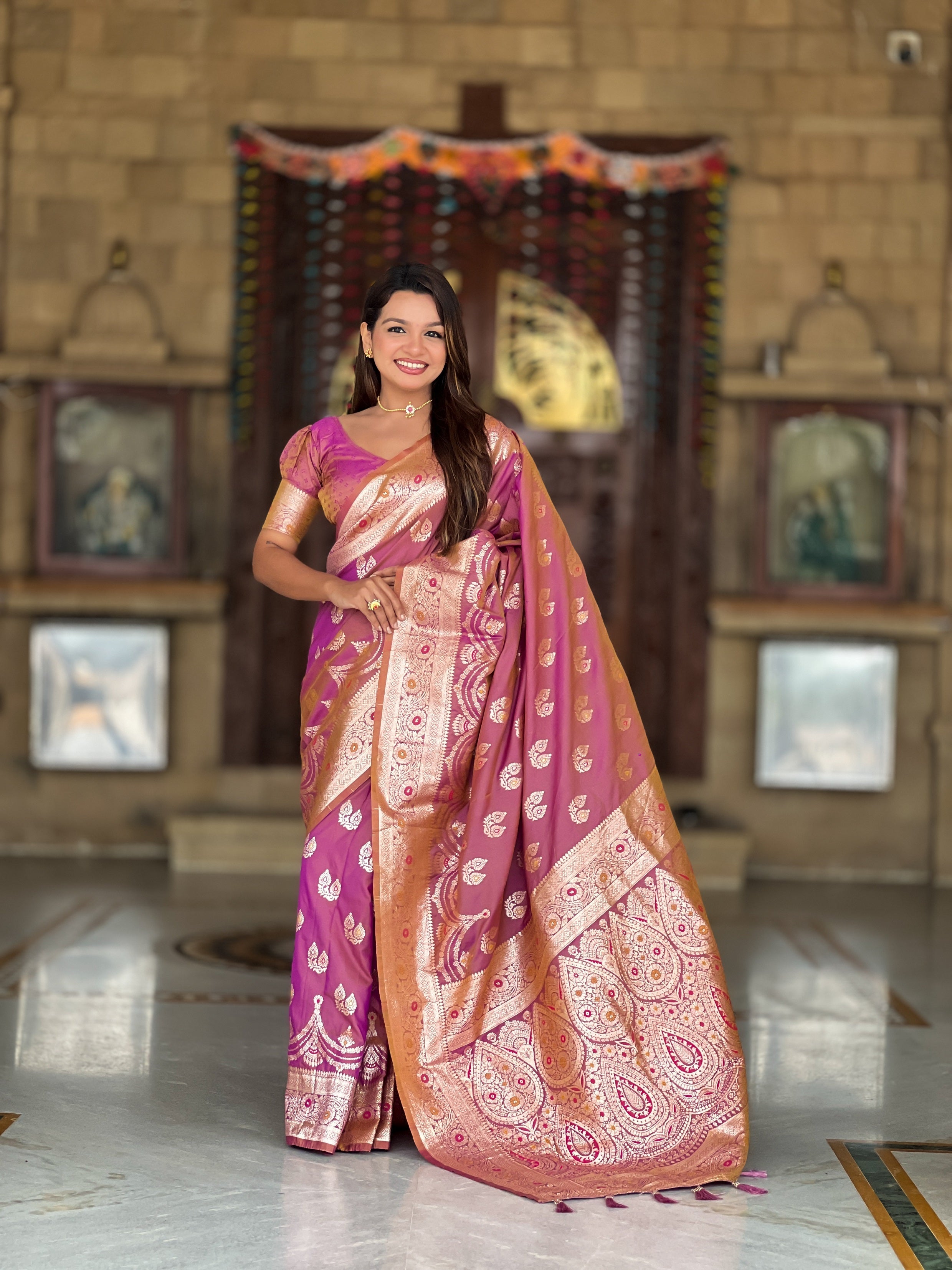 Vedant Vastram Soft Litchi Silk Banarasi Silk Jacquard Saree - Purple | Grocsy