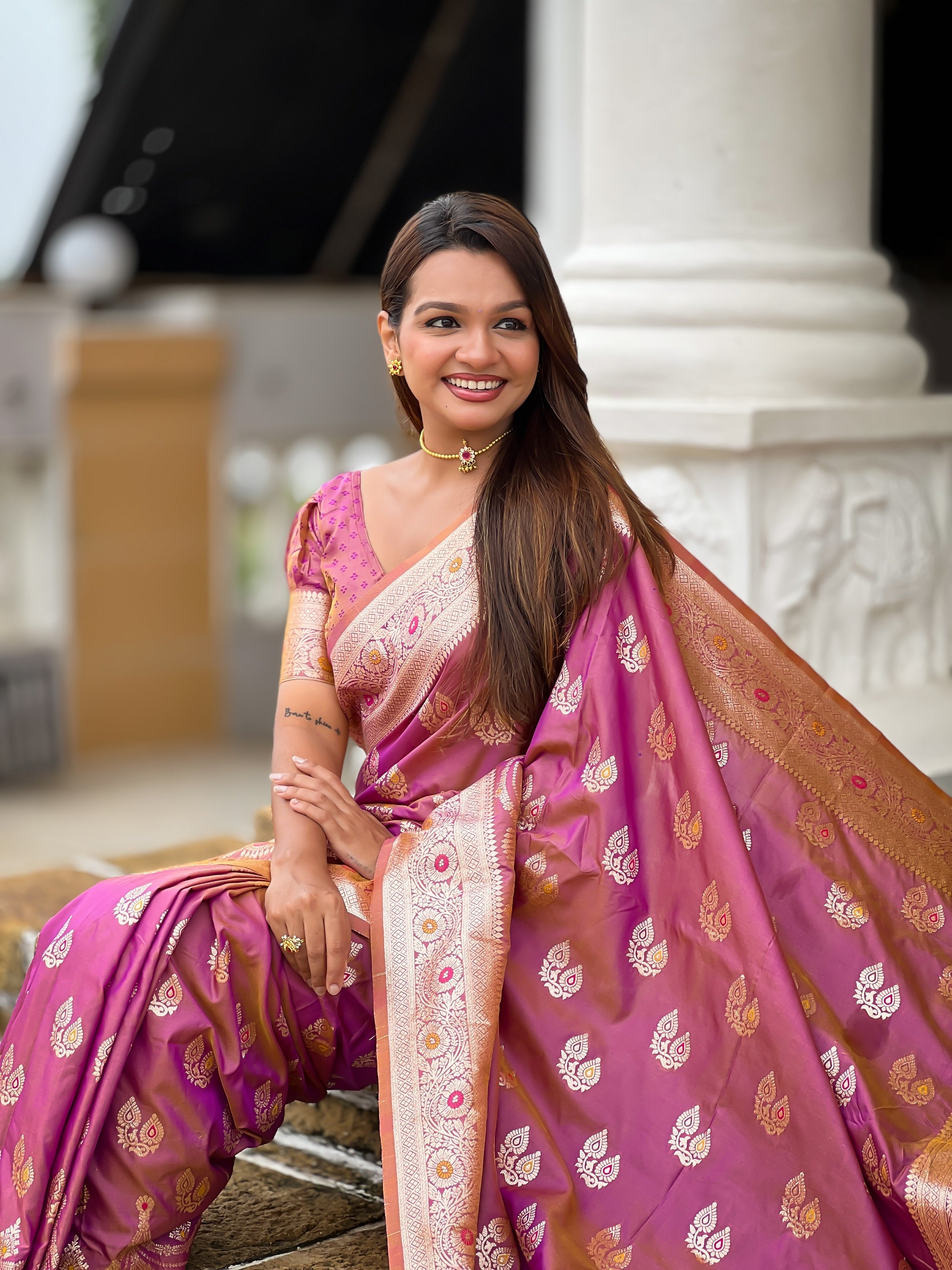 Vedant Vastram Soft Litchi Silk Banarasi Silk Jacquard Saree - Purple | Grocsy