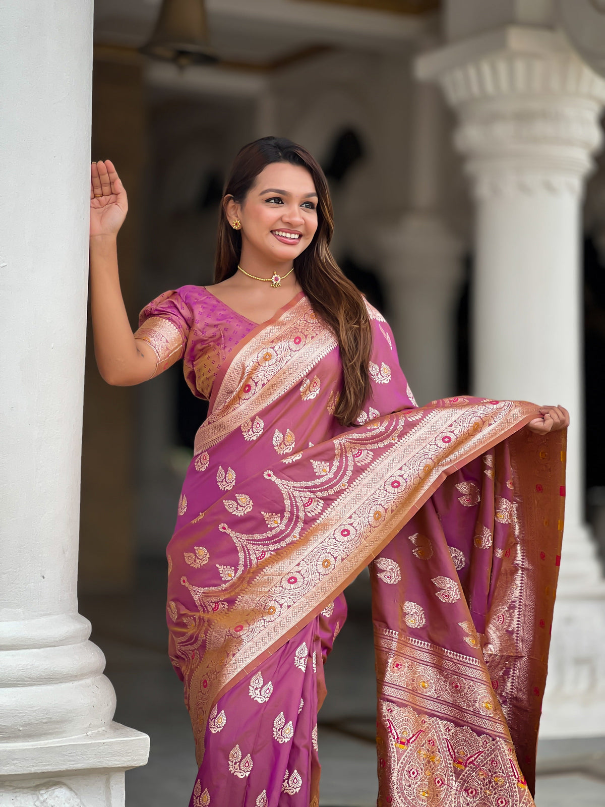 Vedant Vastram Soft Litchi Silk Banarasi Silk Jacquard Saree - Purple | Grocsy
