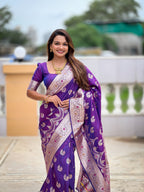 Vedant Vastram Soft Litchi Silk Banarasi Silk Jacquard Saree - Violet | Grocsy
