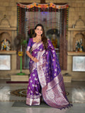 Vedant Vastram Soft Litchi Silk Banarasi Silk Jacquard Saree - Violet | Grocsy
