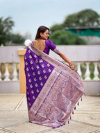 Vedant Vastram Soft Litchi Silk Banarasi Silk Jacquard Saree - Violet | Grocsy