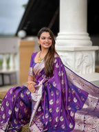 Vedant Vastram Soft Litchi Silk Banarasi Silk Jacquard Saree - Violet | Grocsy