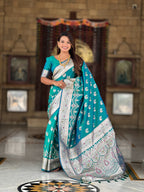 Vedant Vastram Soft Litchi Silk Banarasi Silk Jacquard Saree - Rama | Grocsy