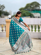 Vedant Vastram Soft Litchi Silk Banarasi Silk Jacquard Saree - Rama | Grocsy