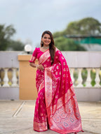 Vedant Vastram Soft Litchi Silk Banarasi Silk Jacquard Saree - Pink | Grocsy
