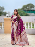 Vedant Vastram Soft Litchi Silk Banarasi Silk Jacquard Saree - Wine | Grocsy