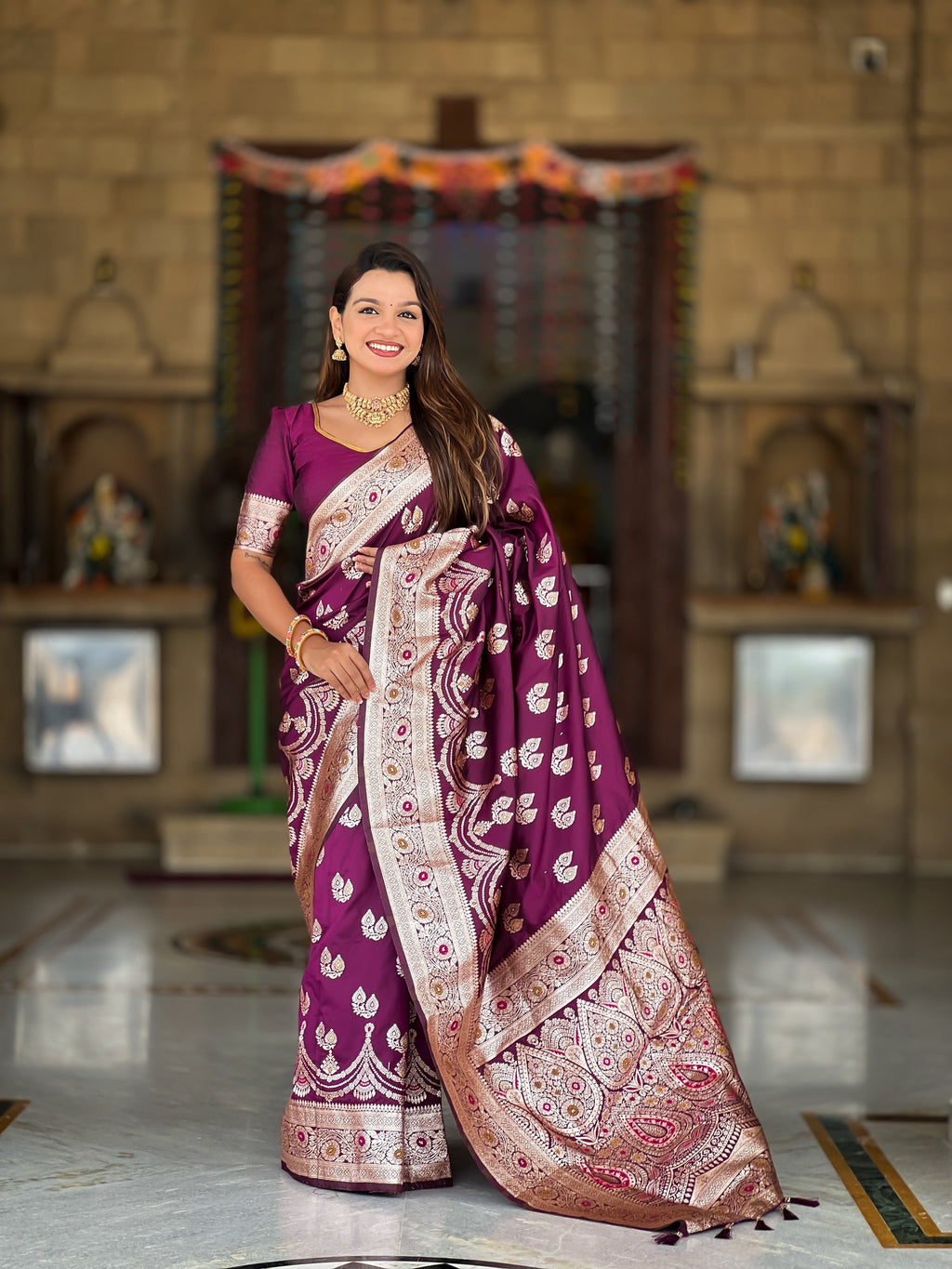 Vedant Vastram Soft Litchi Silk Banarasi Silk Jacquard Saree - Wine | Grocsy