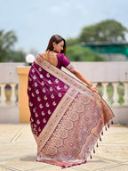 Vedant Vastram Soft Litchi Silk Banarasi Silk Jacquard Saree - Wine | Grocsy