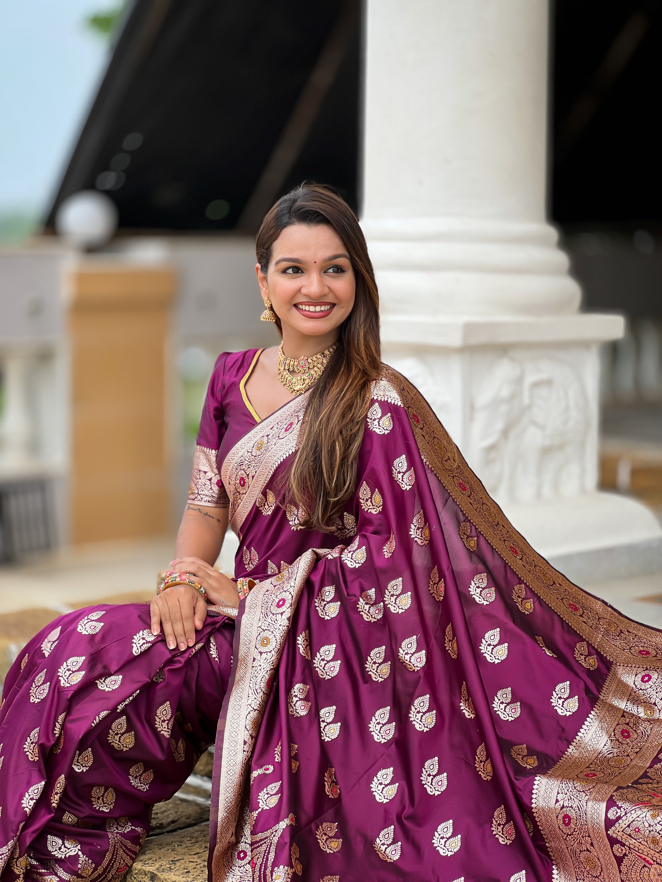 Vedant Vastram Soft Litchi Silk Banarasi Silk Jacquard Saree - Wine | Grocsy