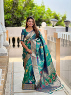 Vedant Vastram Soft Litchi Silk Banarasi Silk Jacquard Saree - Aqua | Grocsy