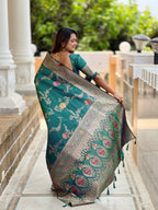 Vedant Vastram Soft Litchi Silk Banarasi Silk Jacquard Saree - Aqua | Grocsy
