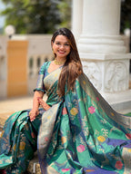 Vedant Vastram Soft Litchi Silk Banarasi Silk Jacquard Saree - Aqua | Grocsy