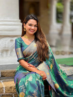 Vedant Vastram Soft Litchi Silk Banarasi Silk Jacquard Saree - Aqua | Grocsy