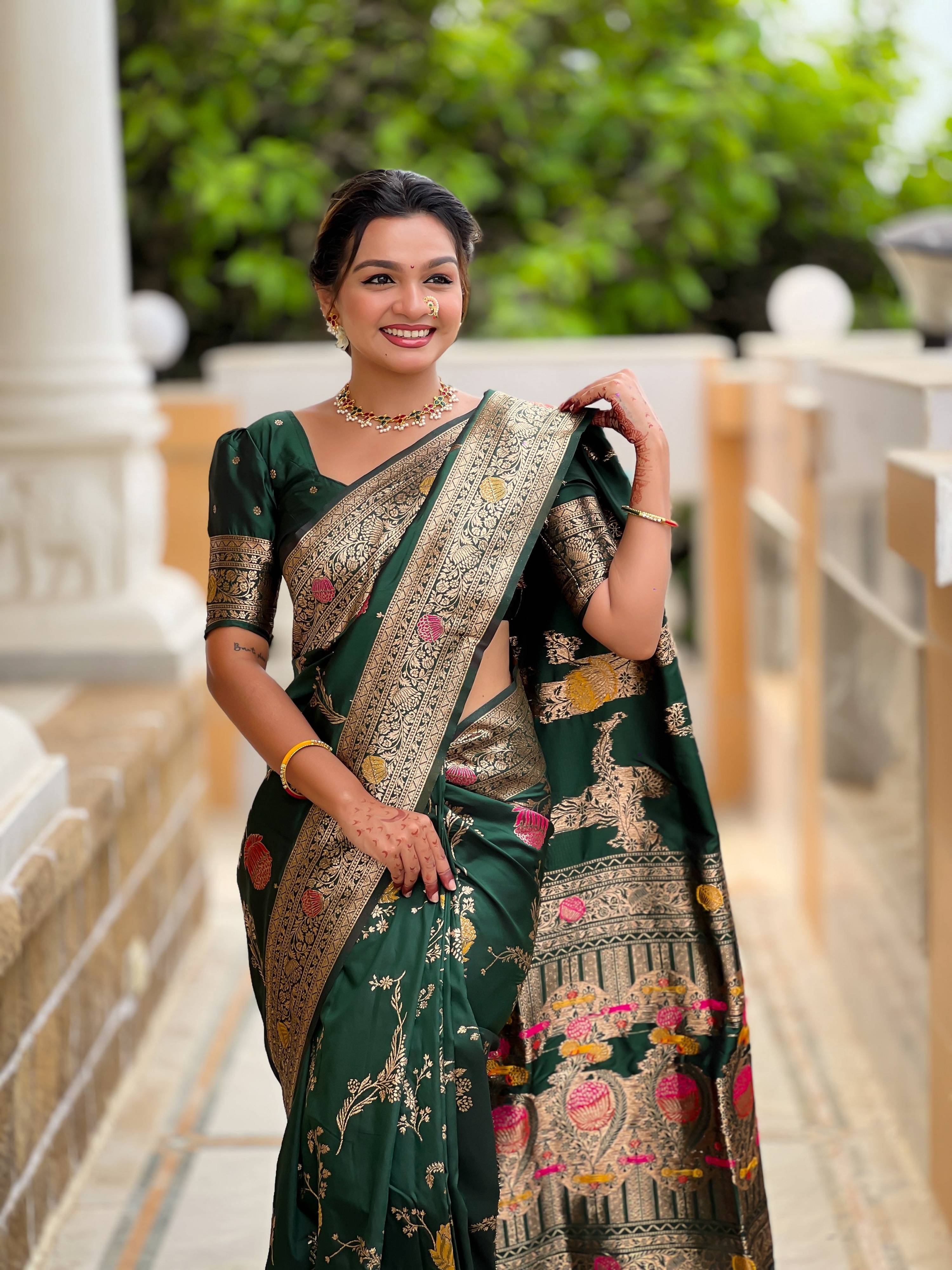 Vedant Vastram Soft Litchi Silk Banarasi Silk Jacquard Saree - Green | Grocsy