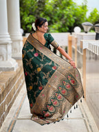 Vedant Vastram Soft Litchi Silk Banarasi Silk Jacquard Saree - Green | Grocsy