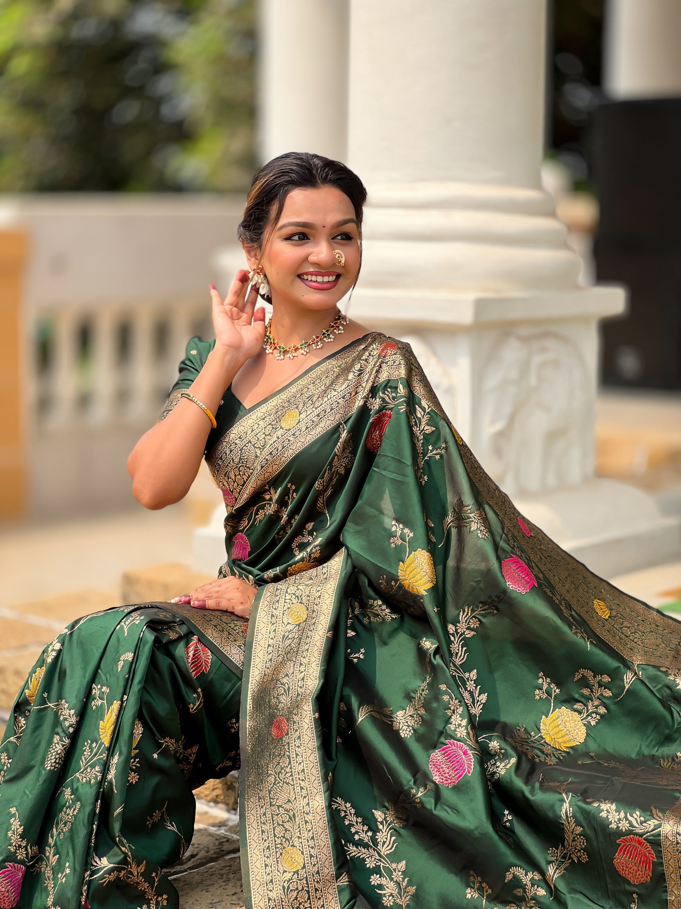 Vedant Vastram Soft Litchi Silk Banarasi Silk Jacquard Saree - Green | Grocsy