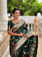 Vedant Vastram Soft Litchi Silk Banarasi Silk Jacquard Saree - Green | Grocsy