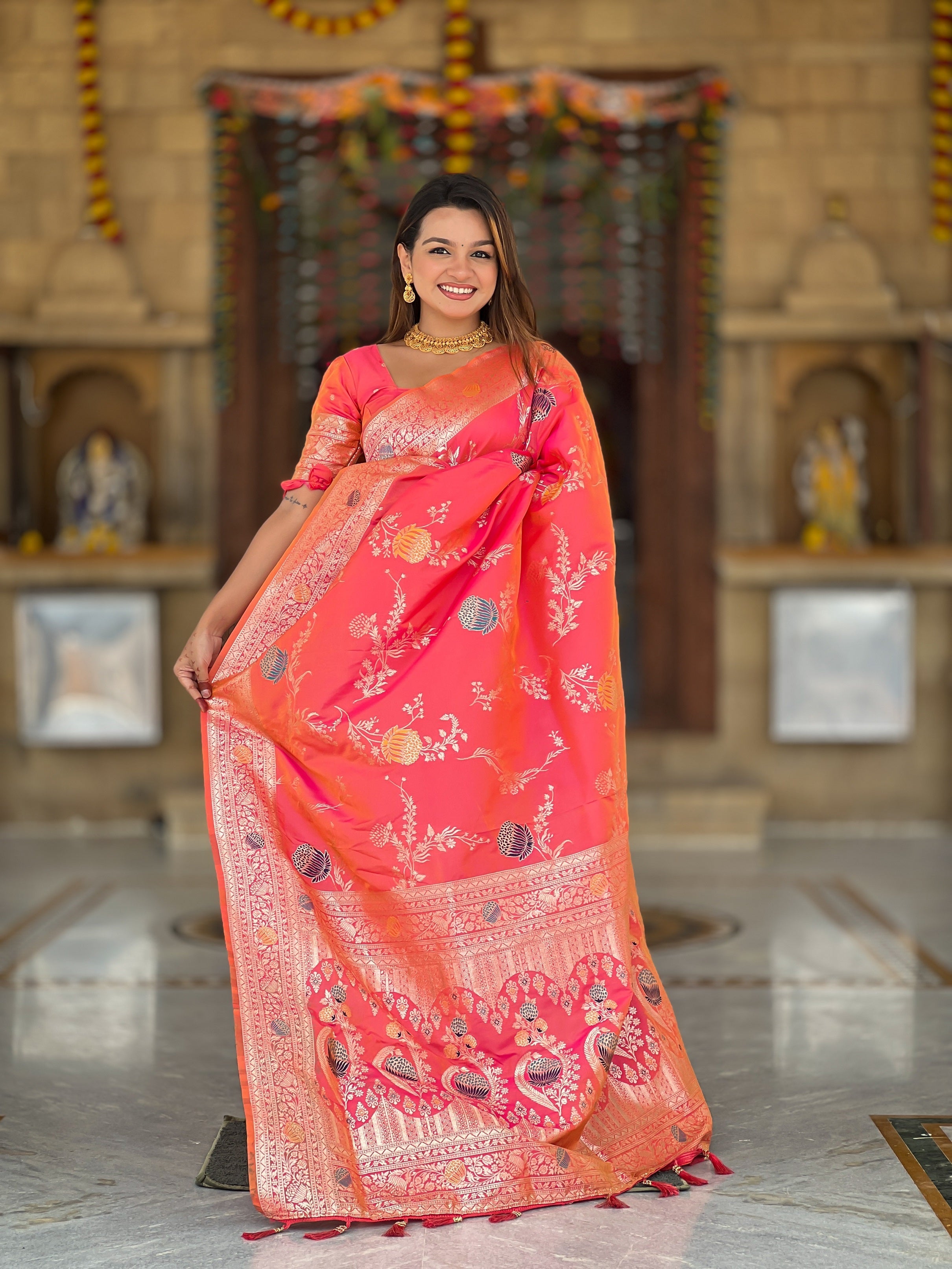 Vedant Vastram Soft Litchi Silk Banarasi Silk Jacquard Saree - Gajri | Grocsy