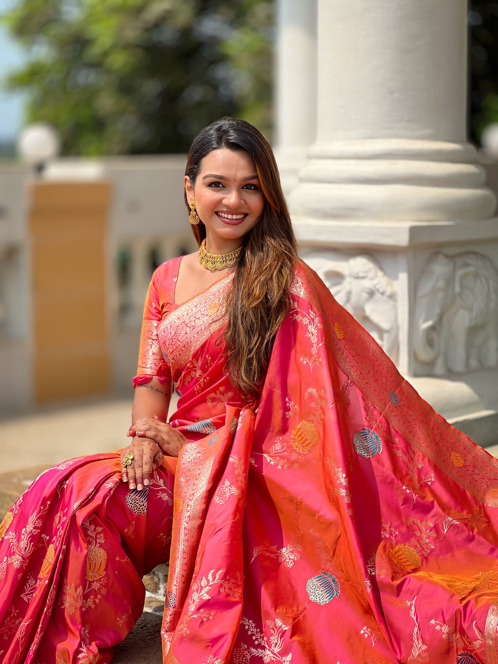 Vedant Vastram Soft Litchi Silk Banarasi Silk Jacquard Saree - Gajri | Grocsy