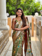 Vedant Vastram Soft Litchi Silk Banarasi Silk Jacquard Saree - Mahendi | Grocsy