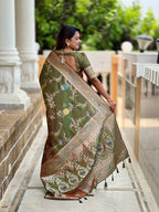 Vedant Vastram Soft Litchi Silk Banarasi Silk Jacquard Saree - Mahendi | Grocsy