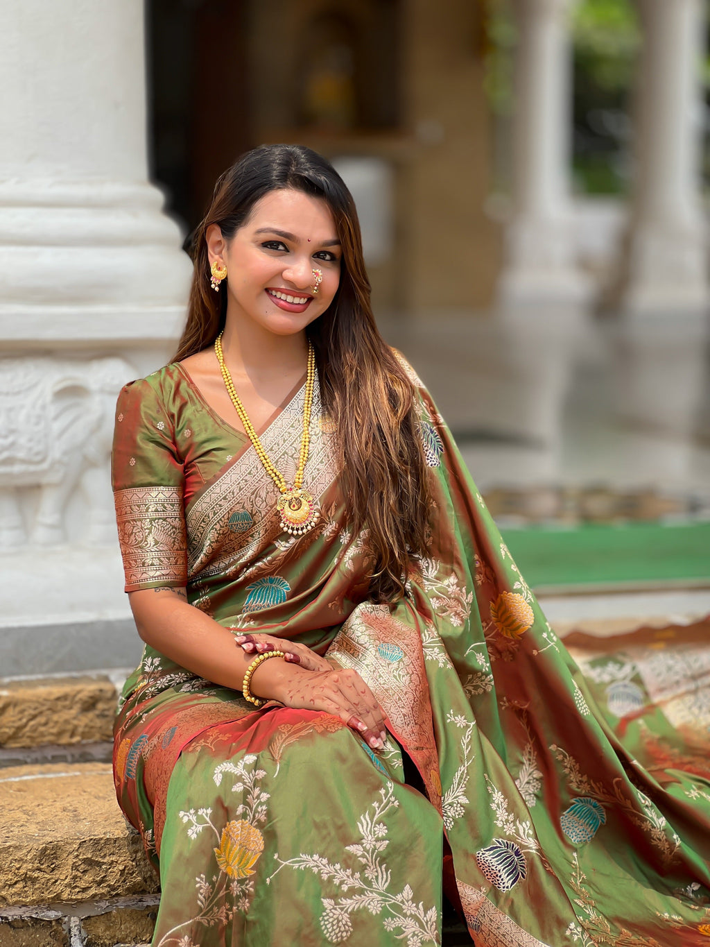 Vedant Vastram Soft Litchi Silk Banarasi Silk Jacquard Saree - Mahendi | Grocsy