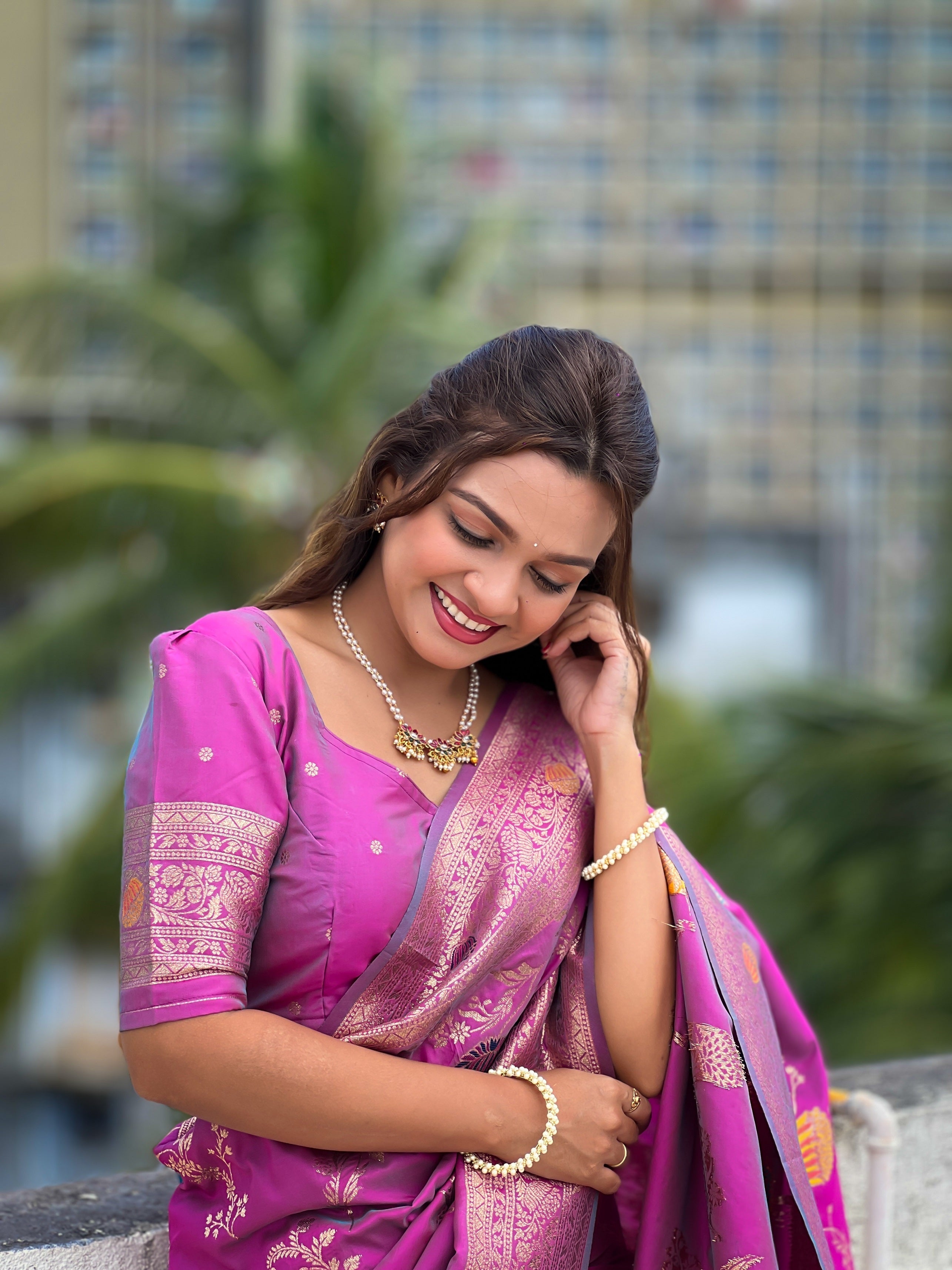 Vedant Vastram Soft Litchi Silk Banarasi Silk Jacquard Saree - Purple | Grocsy