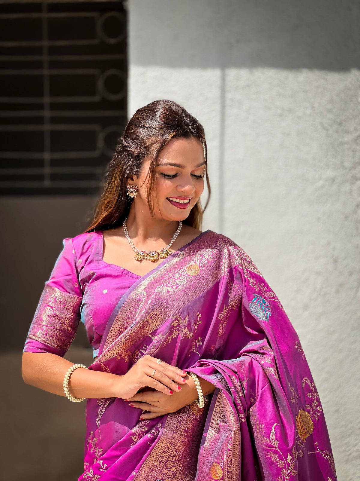 Vedant Vastram Soft Litchi Silk Banarasi Silk Jacquard Saree - Purple | Grocsy