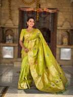 Vedant Vastram Soft Litchi Silk Banarasi Silk Jacquard Saree - Parrot | Grocsy