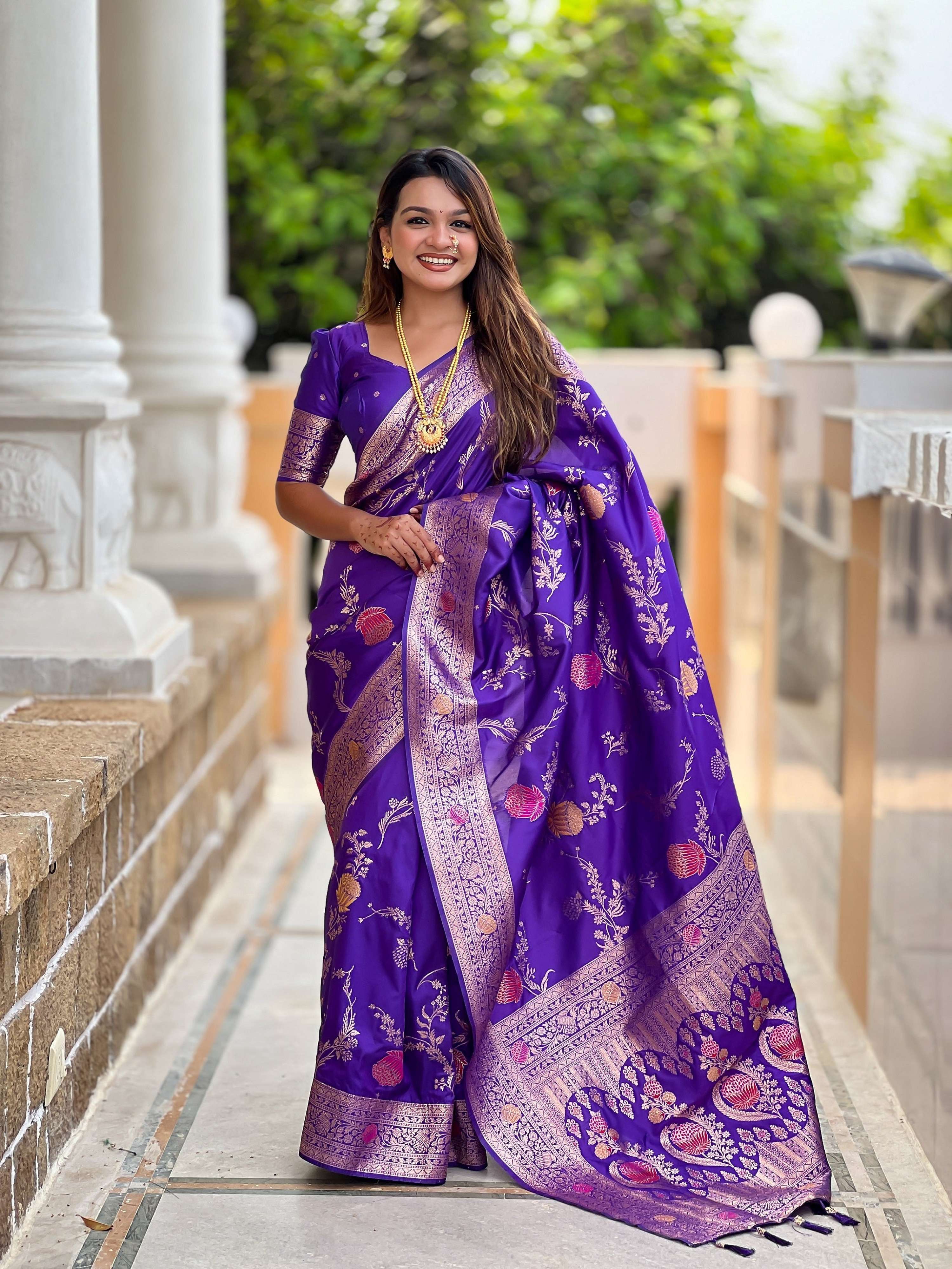Vedant Vastram Soft Litchi Silk Banarasi Silk Jacquard Saree - Violet | Grocsy