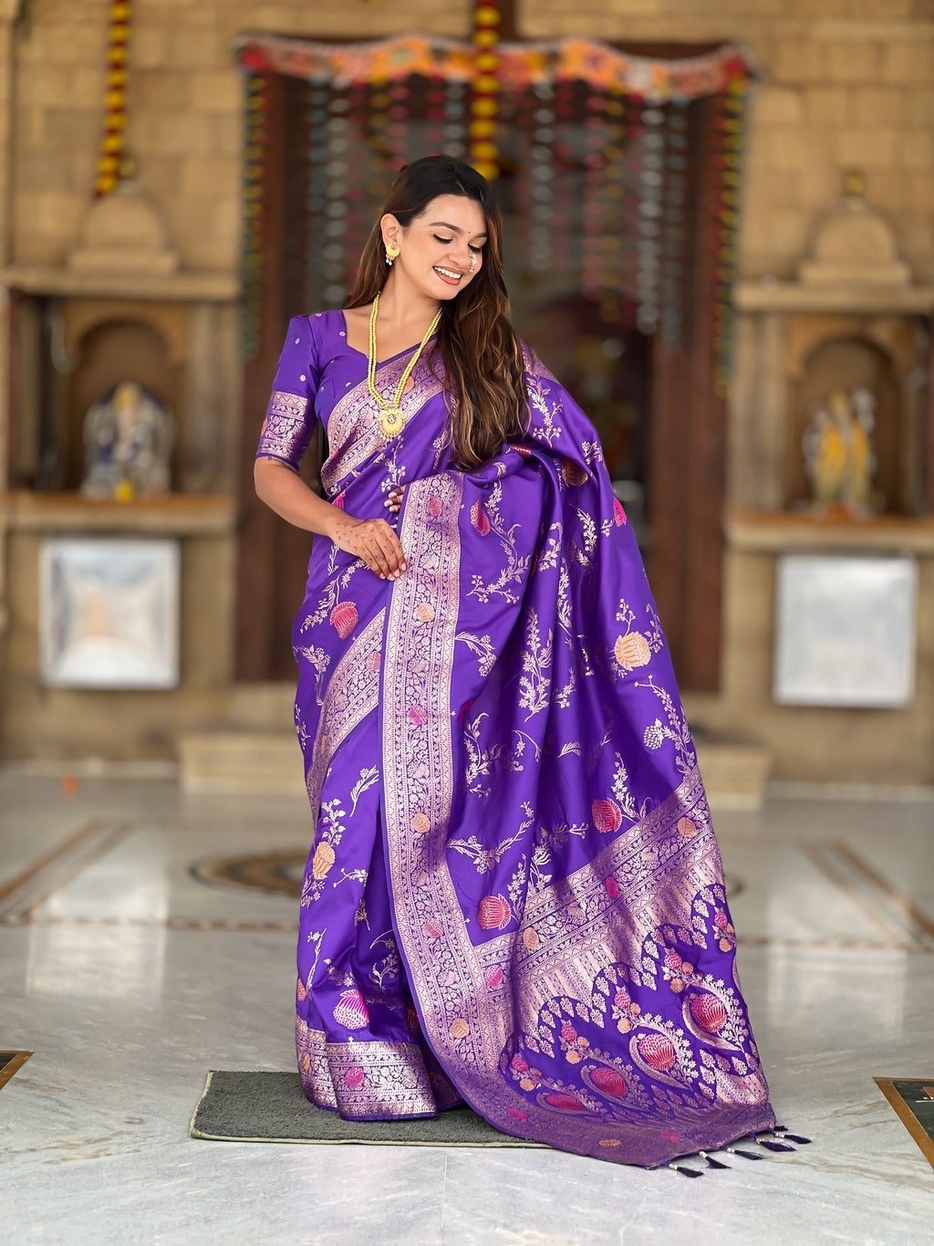 Vedant Vastram Soft Litchi Silk Banarasi Silk Jacquard Saree - Violet | Grocsy