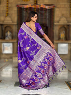 Vedant Vastram Soft Litchi Silk Banarasi Silk Jacquard Saree - Violet | Grocsy