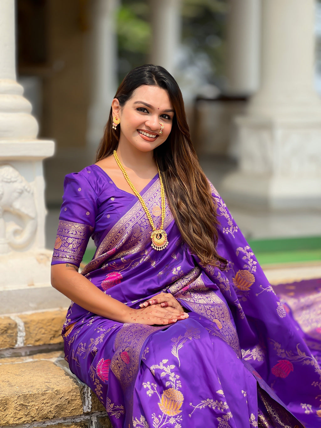 Vedant Vastram Soft Litchi Silk Banarasi Silk Jacquard Saree - Violet | Grocsy
