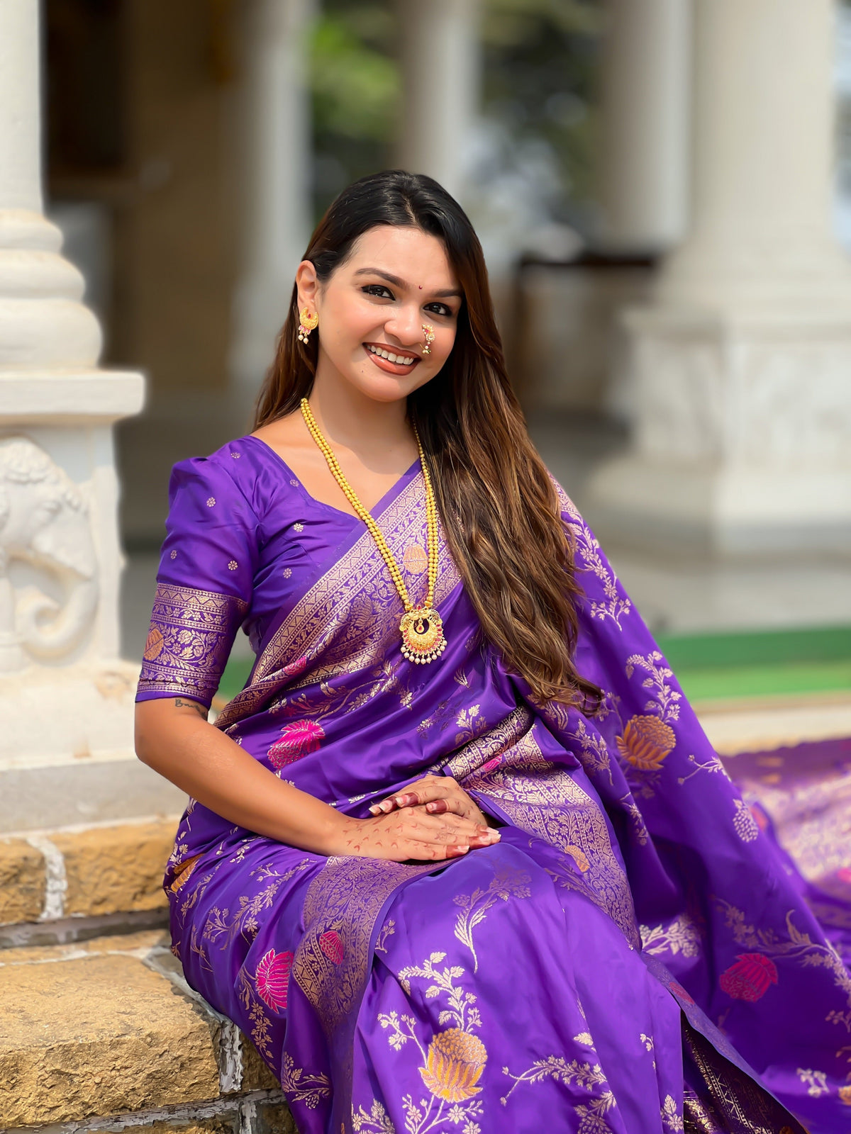 Vedant Vastram Soft Litchi Silk Banarasi Silk Jacquard Saree - Violet | Grocsy