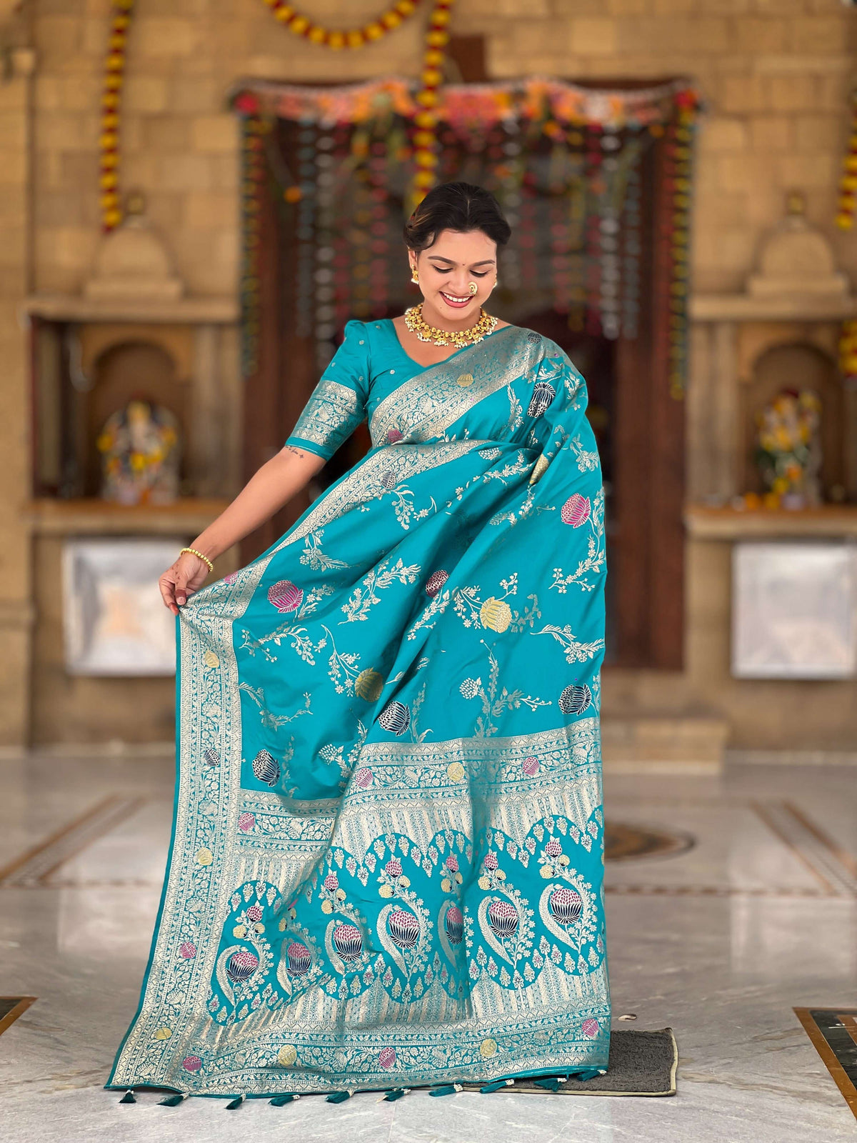 Vedant Vastram Soft Litchi Silk Banarasi Silk Jacquard Saree - Rama | Grocsy