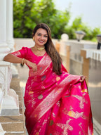 Vedant Vastram Soft Litchi Silk Banarasi Silk Jacquard Saree - Rani | Grocsy