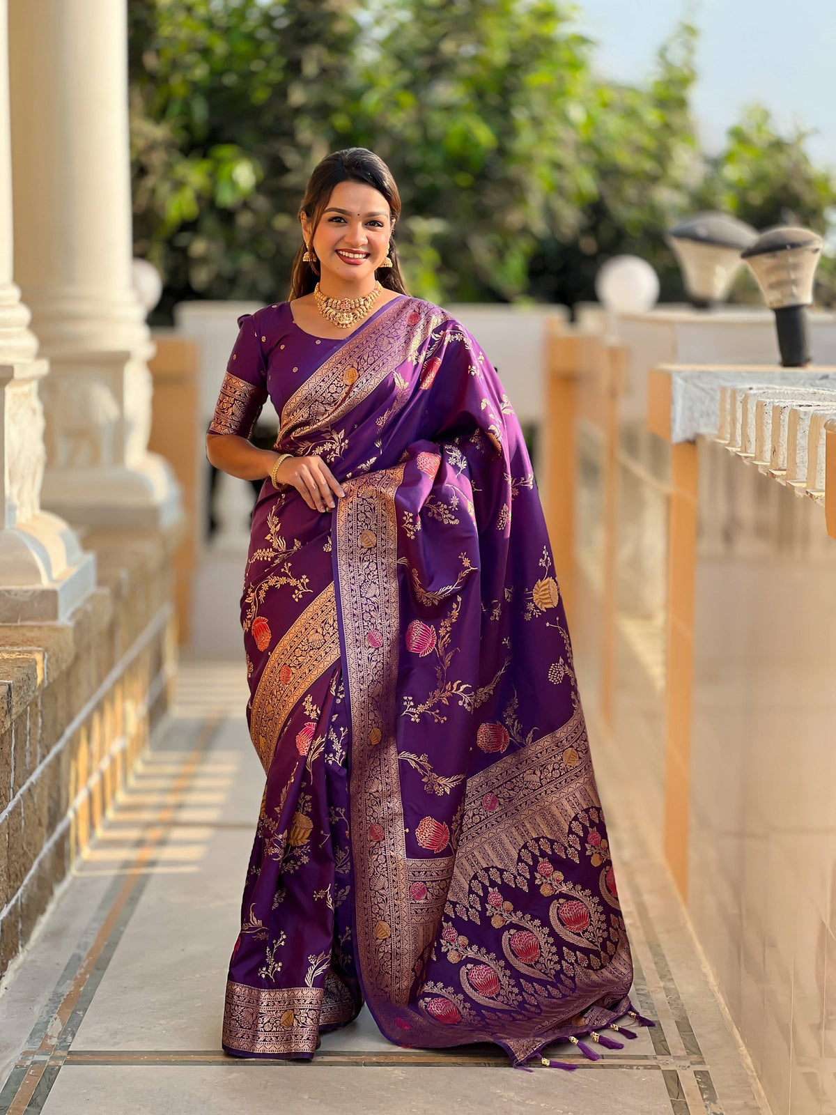 Vedant Vastram Soft Litchi Silk Banarasi Silk Jacquard Saree - Wine | Grocsy