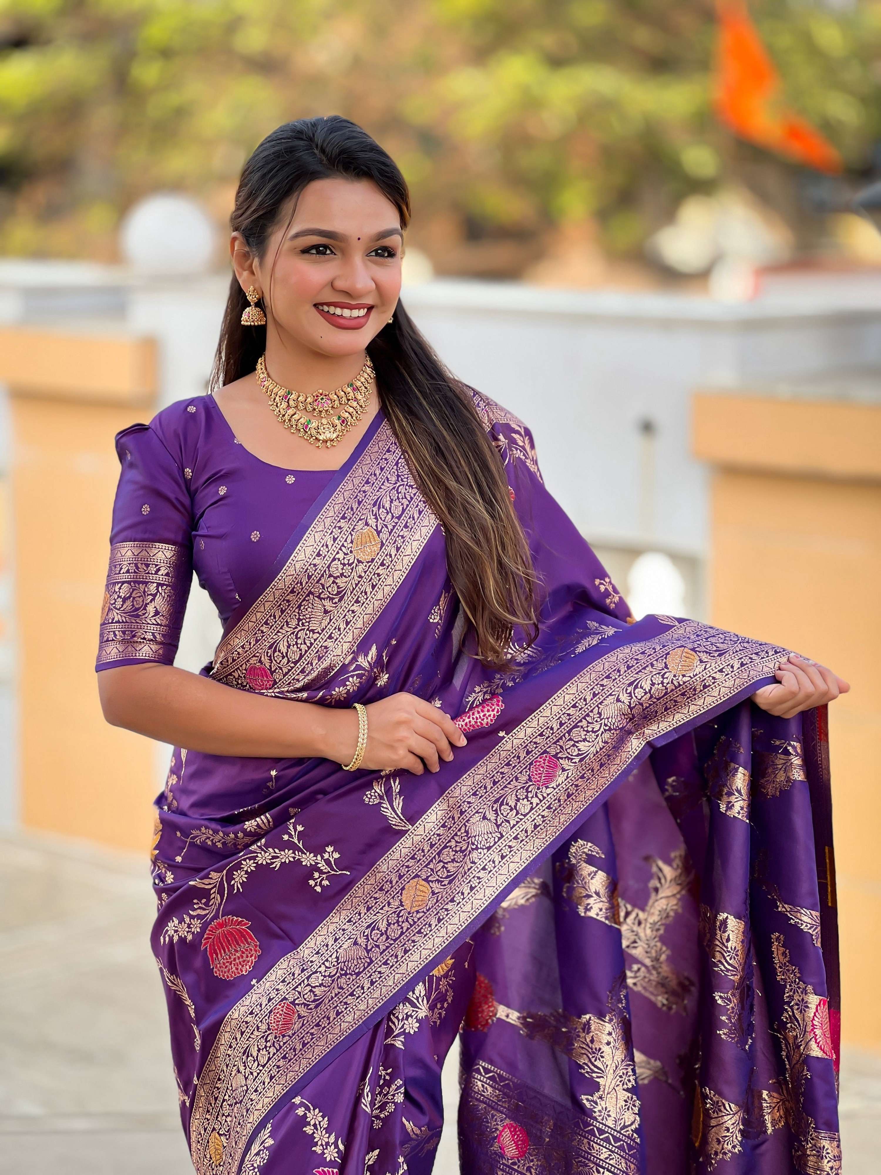 Vedant Vastram Soft Litchi Silk Banarasi Silk Jacquard Saree - Wine | Grocsy