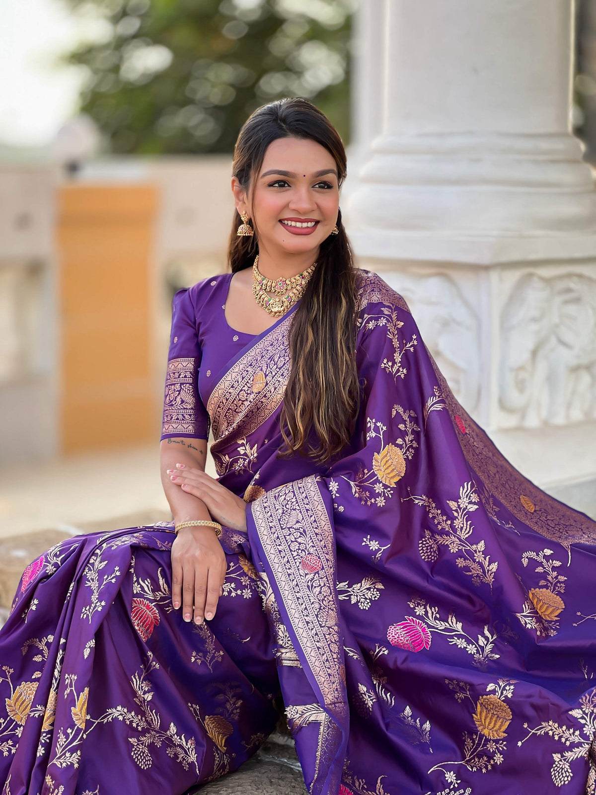 Vedant Vastram Soft Litchi Silk Banarasi Silk Jacquard Saree - Wine | Grocsy