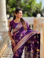 Vedant Vastram Soft Litchi Silk Banarasi Silk Jacquard Saree - Wine | Grocsy