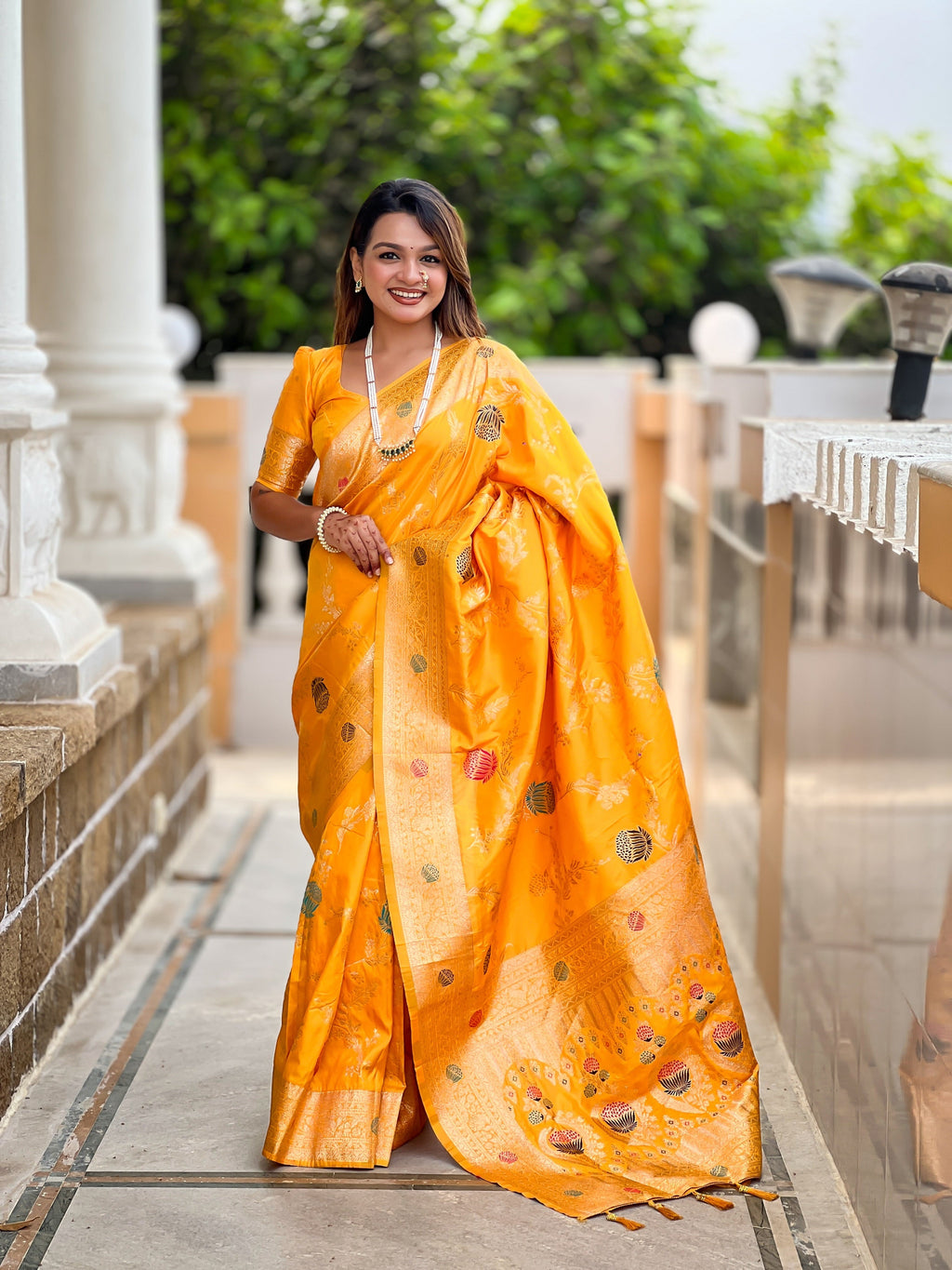 Vedant Vastram Soft Litchi Silk Banarasi Silk Jacquard Saree - Yellow | Grocsy