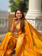 Vedant Vastram Soft Litchi Silk Banarasi Silk Jacquard Saree - Yellow | Grocsy
