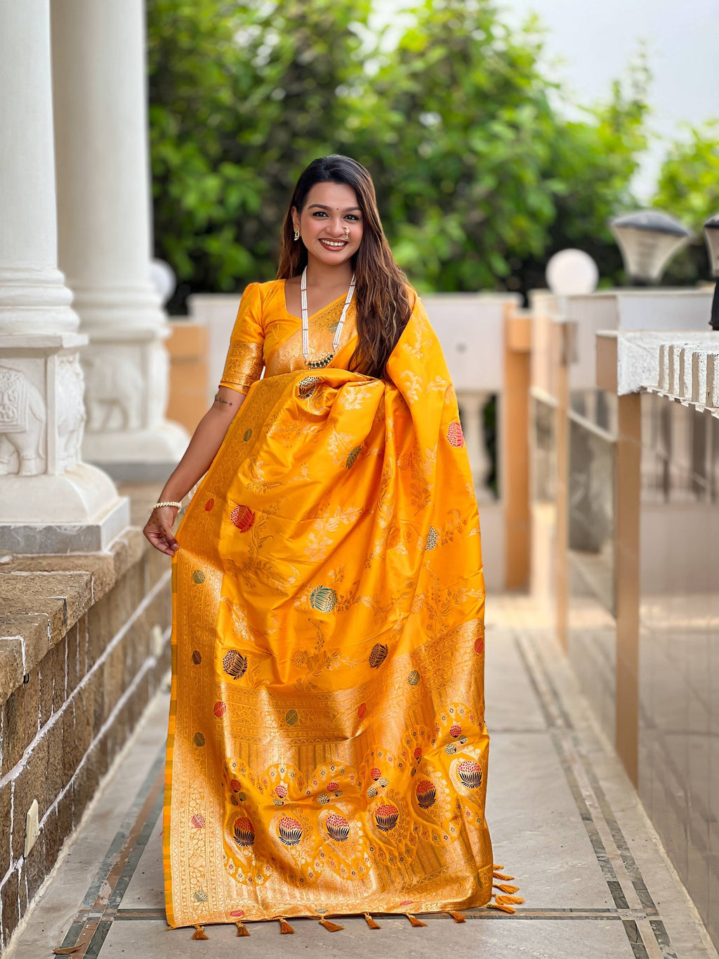 Vedant Vastram Soft Litchi Silk Banarasi Silk Jacquard Saree - Yellow | Grocsy