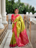 Vedant Vastram Soft Litchi Silk Banarasi Silk Jacquard Saree - Parrot | Grocsy