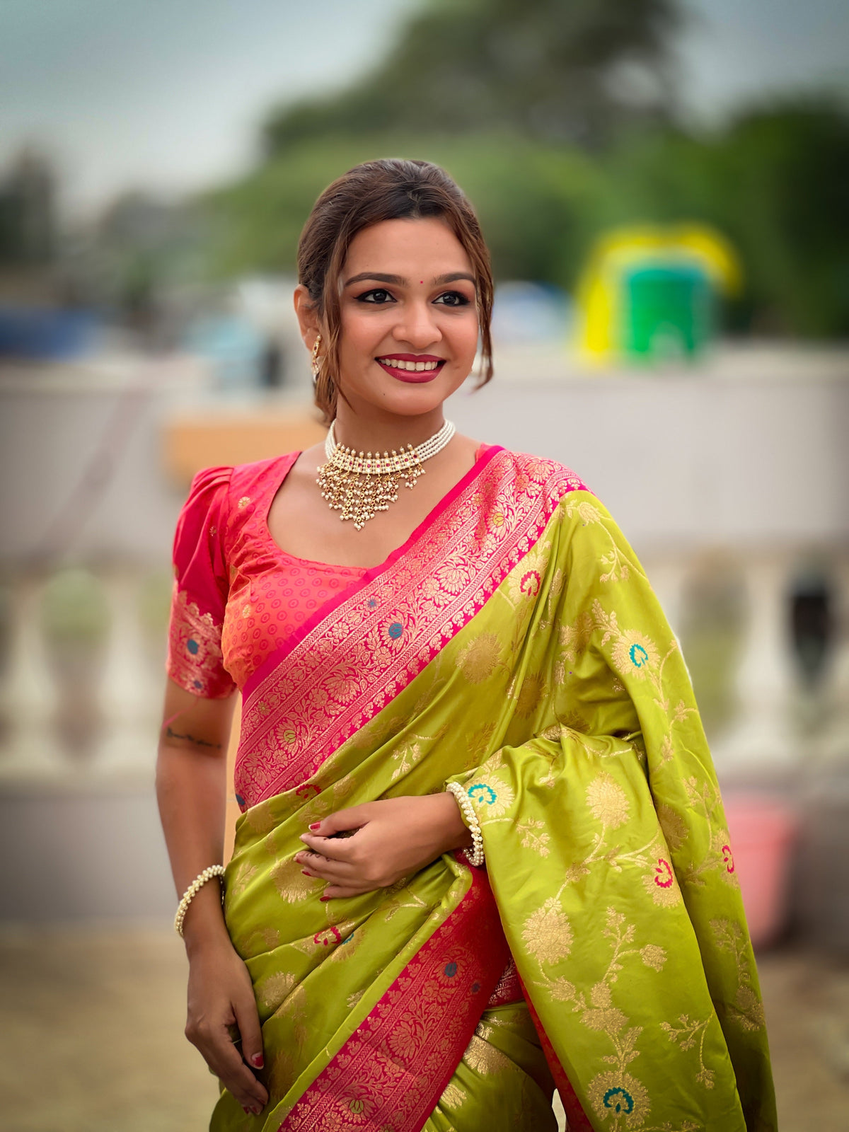Vedant Vastram Soft Litchi Silk Banarasi Silk Jacquard Saree - Parrot | Grocsy