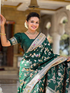 Vedant Vastram Soft Litchi Silk Banarasi Silk Jacquard Saree - Green | Grocsy